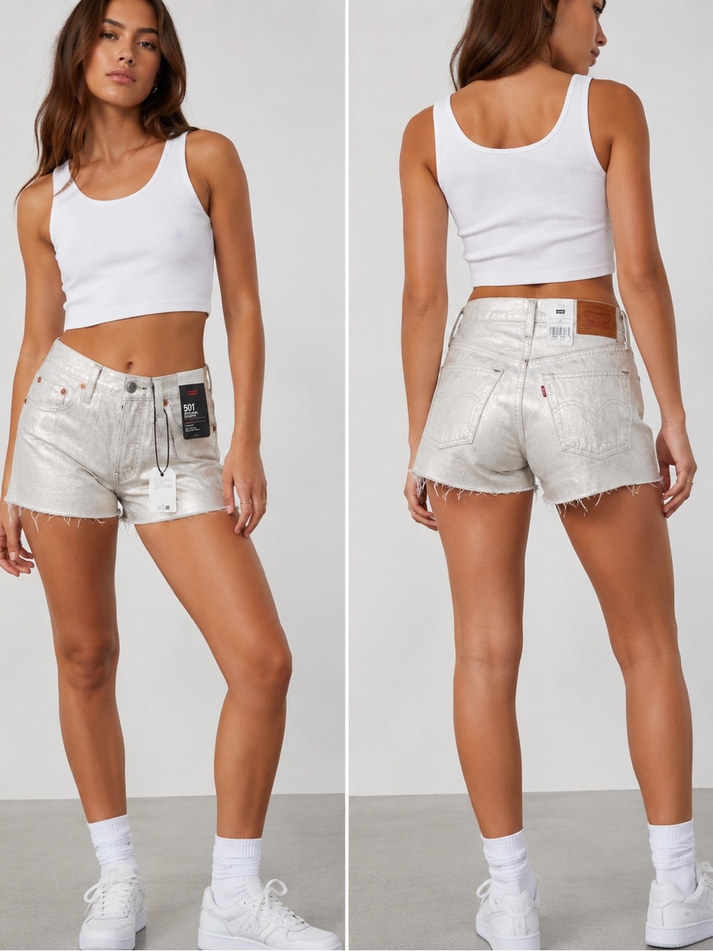 Levis 501 Original High Rise Shorts Gold Metallic White Denim